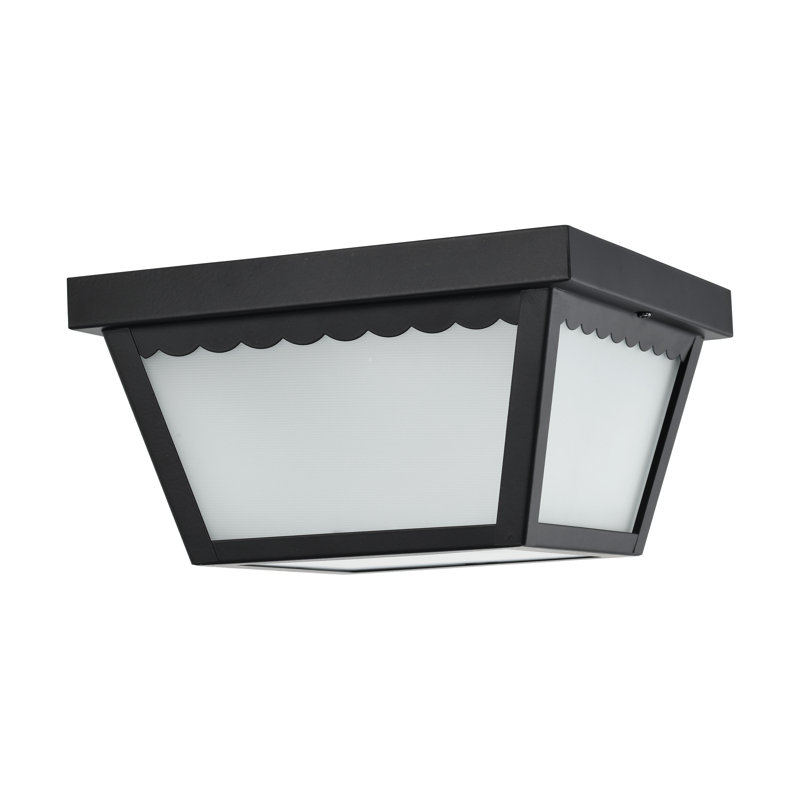 Transitional 9" Black Steel LED Carport Flush Mount with Frosted Glass