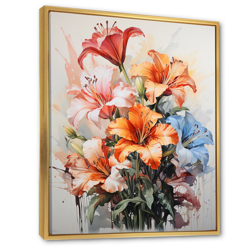 Représentation de lys, acrylique multicolore III sur toile, H 44 po x l 34 po x P 1,5 po, Cadre flottant doré