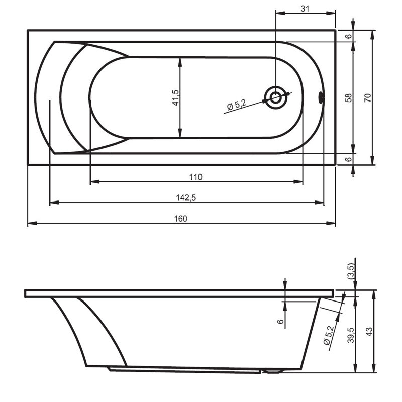 x 800mm Soaking Acrylic Bathtub, 80cm H x 170cm L x 80cm D