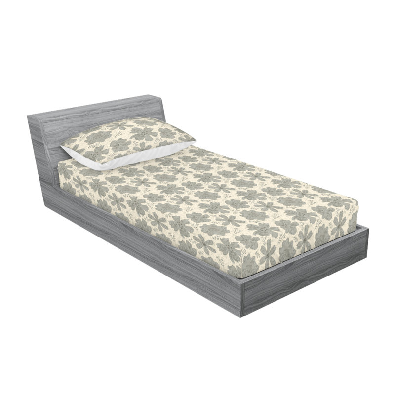 Ambesonne Fitted Sheet & Shams, Gray/Teal/Cream Flower, Twin Sheet Set with 1 Pillowcase