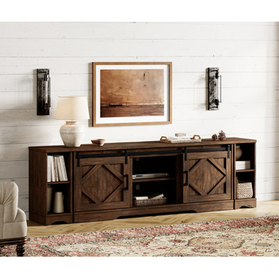 Farmhouse TV Stand With Sliding Barn Door For Tvs, Entertainment Centre With Adjustable Shelf And Storage Cabinets, Media Console Table For Living Room,Hallway,Rustic Brown