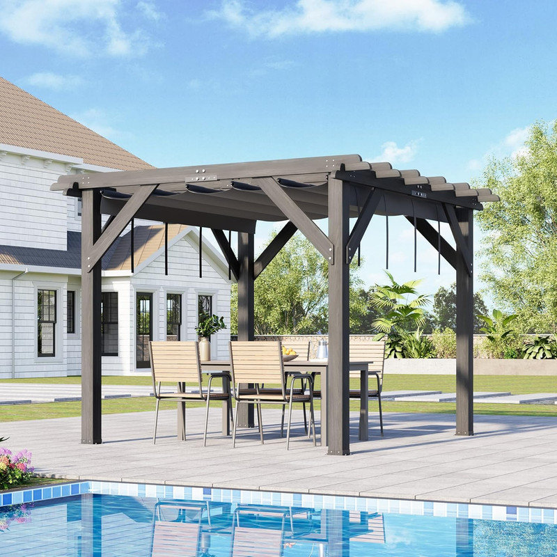 10'x10' Cedar Wood Pergola with Retractable Canopy, Solid Structure for Backyard & Deck