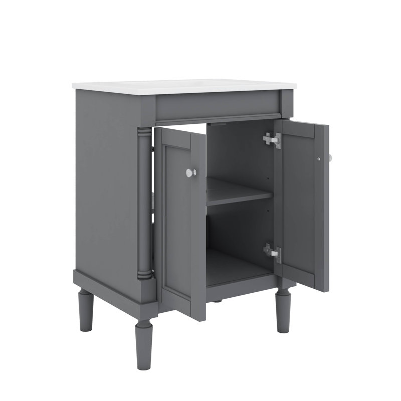 Meuble-lavabo chic 24 po avec lavabo sur le dessus et armoire de rangement à 2 niveaux, Gris, Argent argent