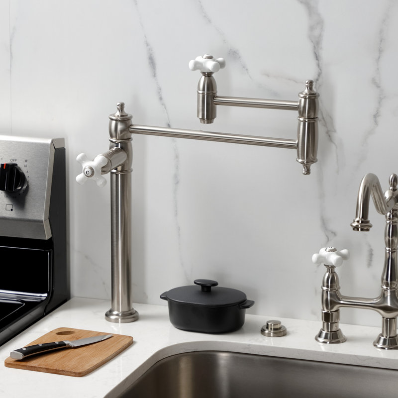 Kingston Brass Restoration Two-Handle 1-Hole Deck Mount Pot Filler Faucet, Brushed Nickel/White