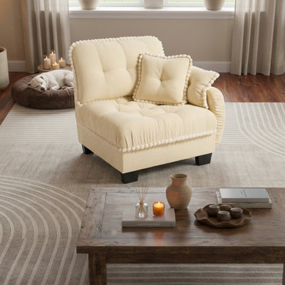 Farmhouse Sofa with Tufted Cushions, Pom-Pom Trim, Convertible Ottoman, and Matching Pillows