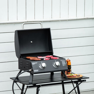 Barbecue portatif au propane, 2 brûleurs. Pieds pliables pour le transport. Couvercle et thermomètre. Noir, camping parfait, pique-nique, barbecue au gaz dans le jardin, camping. Pieds, avec fonction pour fumer, idéal