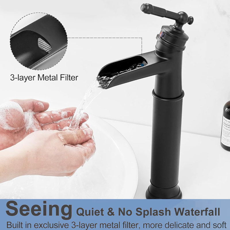 Robinet de salle de bain vasque à un trou à poignée simple avec drain escamotable noir mat Waterfall, Noir mat