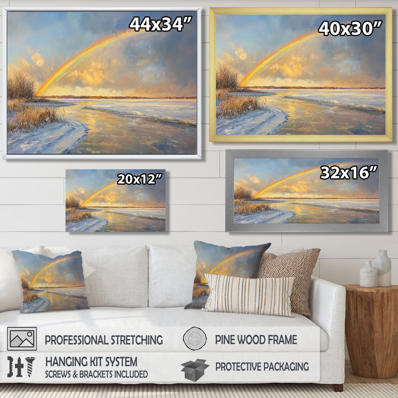 Arc-en-ciel au-dessus du lac gelé - art mural arc-en-ciel, H 16 po x l 32 po, Toile tendue