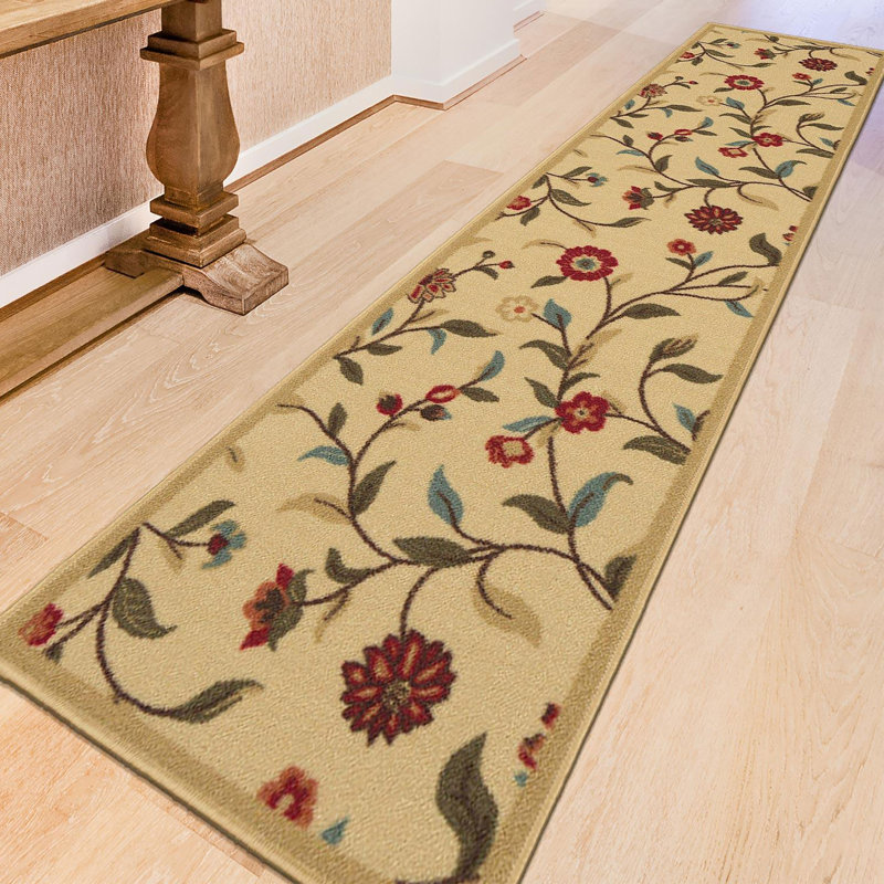 Ottohome Non-Slip Floral Area Rug For Living Room, Hallway, Entryway Rug, Beige, Runner 2'7" x 9'10"