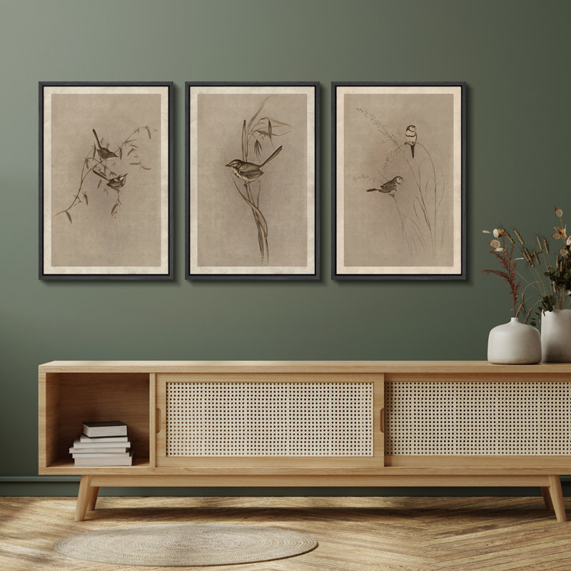 Oiseau rétro, reproduction d'art sur toile, ensemble de 3 - Illustration sépia aux tons sépia pour étude ou chambre à coucher