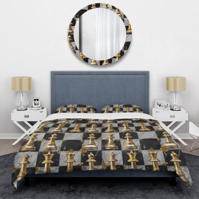 Ensemble de housse de couette doré à motif d'échecs noir II