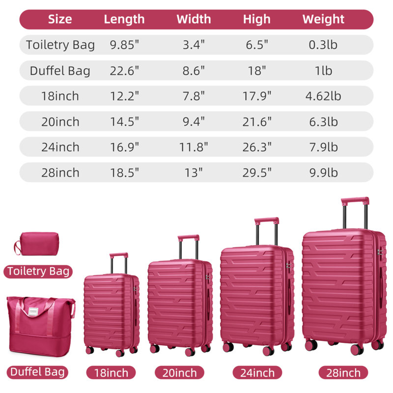 Ensemble de 6 valises avec sacs de voyage, valises rigides extensibles avec roulettes à verrou TSA, Red