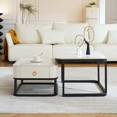 Marble Nesting Table, Coffee Table Set of 2 End Table,Accent Tea Table with Metal Frame,Black