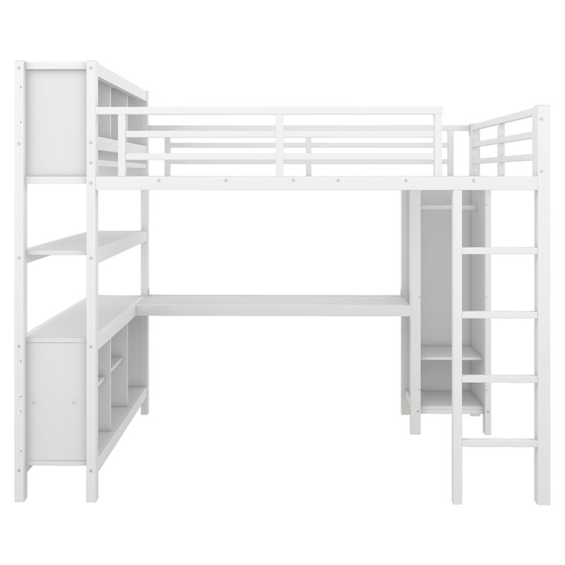 Full Size Metal Loft Bed with Wardrobe, L-Shaped Desk and Storage Shelves, Heavy Duty Loft Bed for Teens & Adults, White