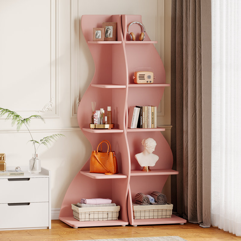 5-Tier Corner Shelf Bookshelf Bookcase For Living Room, Pink, 2