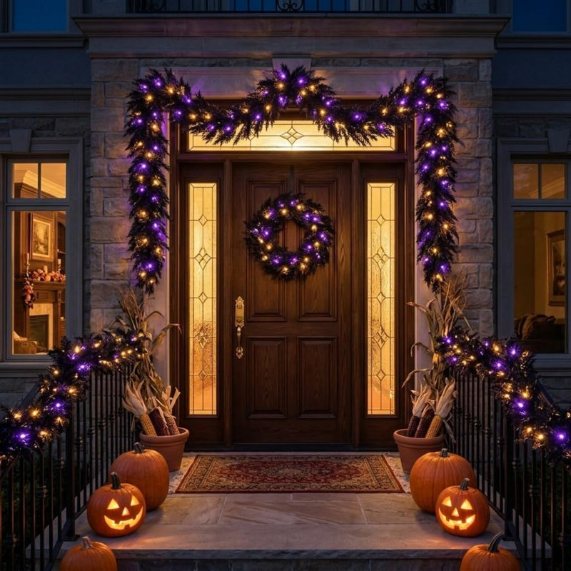 6ft/183cm Realistic Halloween Garland with Lights | Pre Lit Norfolk Pine Garland with 30 LED Lights, Halloween Faux Cedar Garland Real Touch Decorations for Halloween