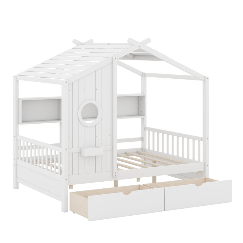 Lit maison en bois, Lit double, Blanc