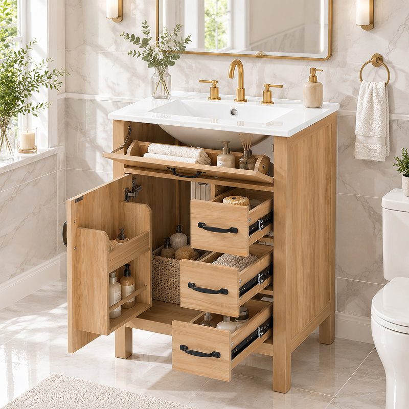 Meuble-lavabo 24 po avec lavabo en céramique, armoire traditionnelle moderne, panneau de fibres à densité moyenne avec pieds en bois massif, 1 porte, 1 tiroir rabattable et 3 tiroirs, poignées noires