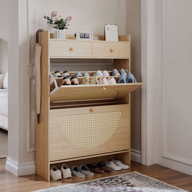 16 Pair Shoe Storage Cabinet with 2 Flip Drawers, Modern Farmhouse Shoe Cabinet with 2 Drawers for Narrow Entryway