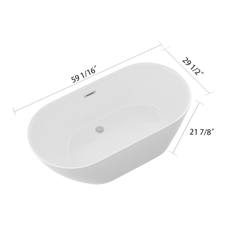59" Freestanding Soaking Slipper Acrylic Bathtub with Pop-up Drain White Bath Tub with Overflow Hole Bather Luxury Ergonomic Comfort