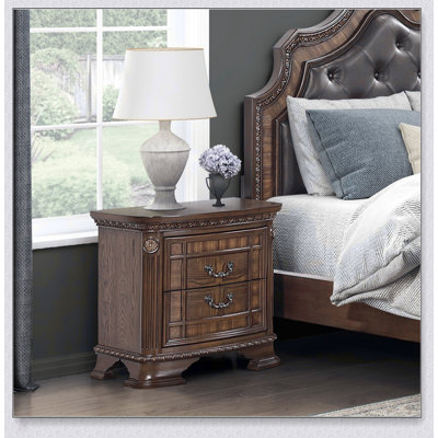 1Pc Elegant Design Traditional Nightstand With 2X Drawers Storage Wooden Bedroom Furniture Formal Bedside Cabinet