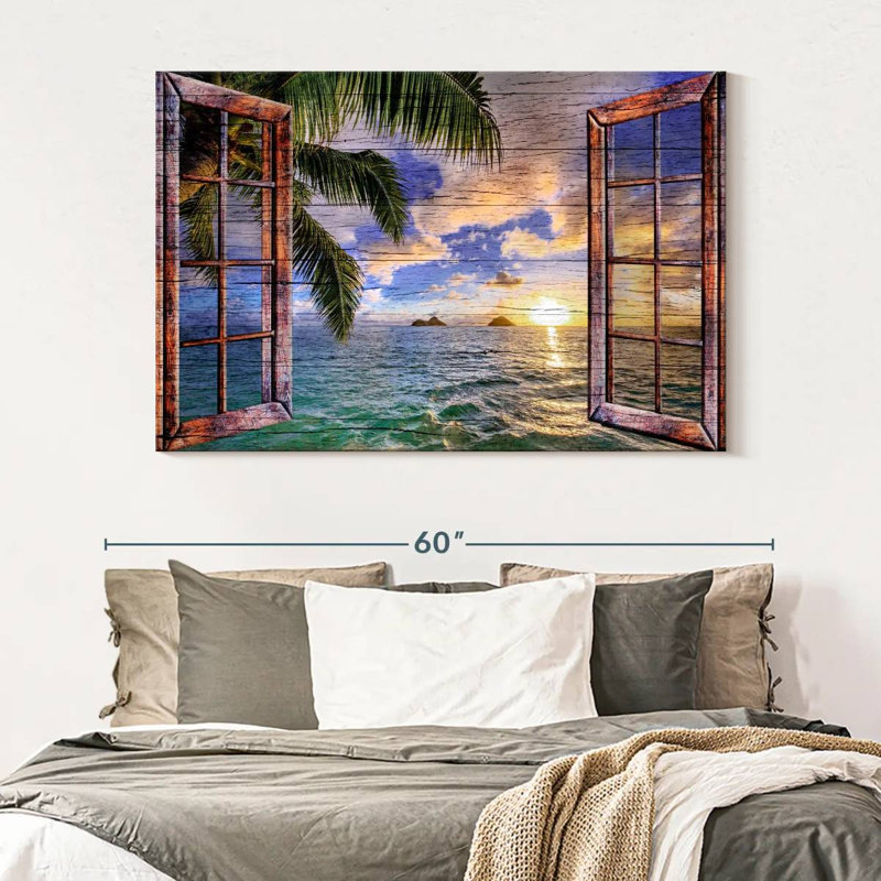 Impression sur toile de fenêtre tropicale en bois, H 34 po x l 51 po x P 1,25 po