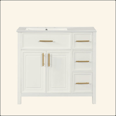 Meuble-lavabo 36 po avec comptoir d'évier, meuble-lavabo avec deux portes et trois tiroirs, bois massif, panneaux de fibres à densité moyenne