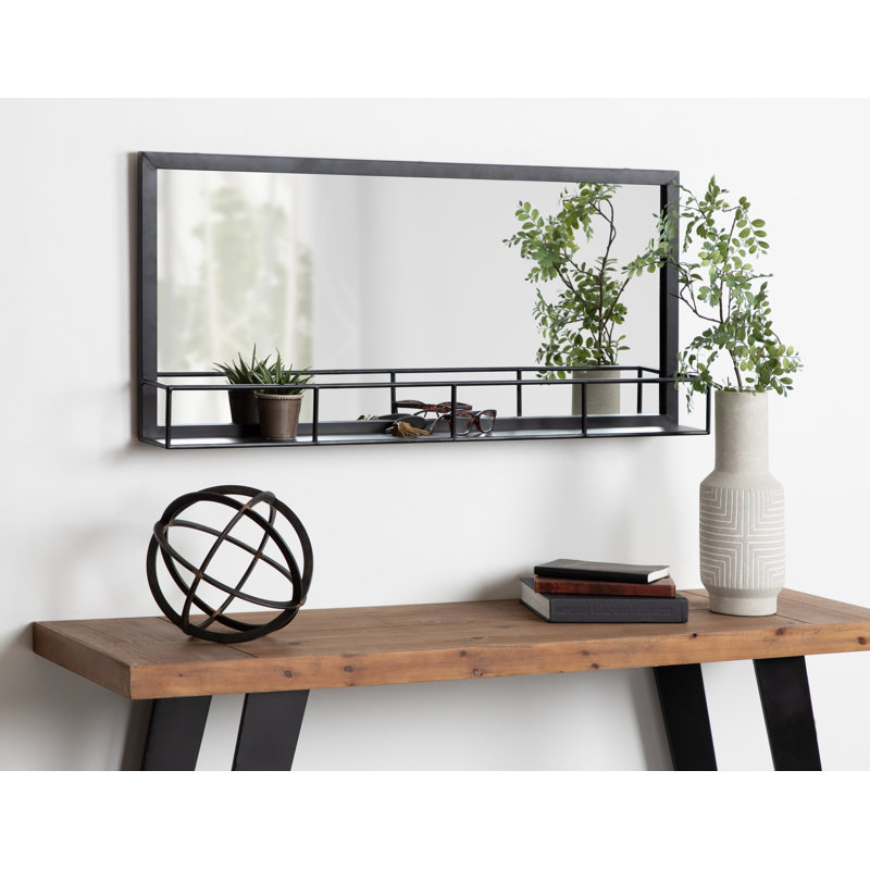 Heider Metal Flat Mirror with Shelves, 18" H x 40" W, Black