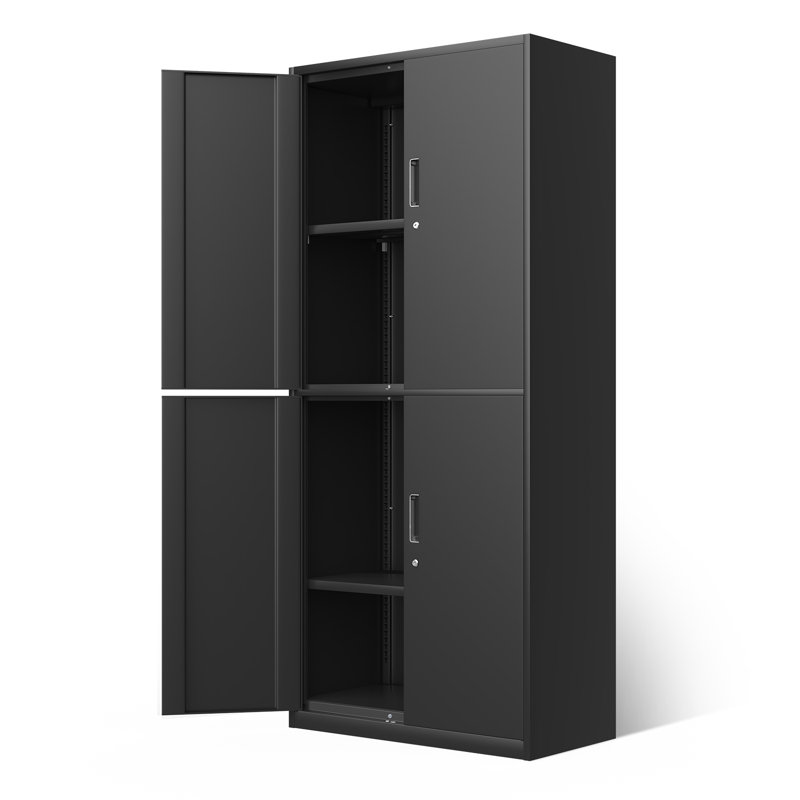 71" Lockable Heavy Duty Metal Storage Tool Cabinet W/ 2 Adjustable Shelves, Black