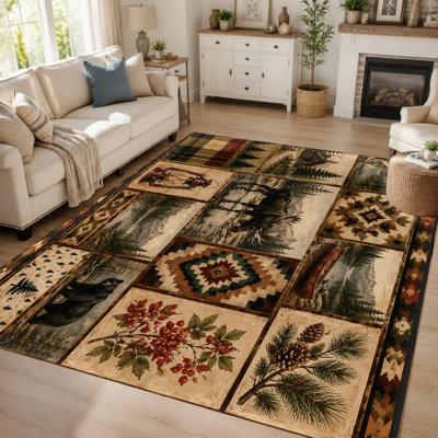 1Pcs Vintage Lodge Style Patchwork Rug - Rustic Wildlife & Nature Scenes, Geometric Patterns, Durable Easy Care, Non-Slip Backing for Living Room, Bedroom, Kitchen Office for home detor