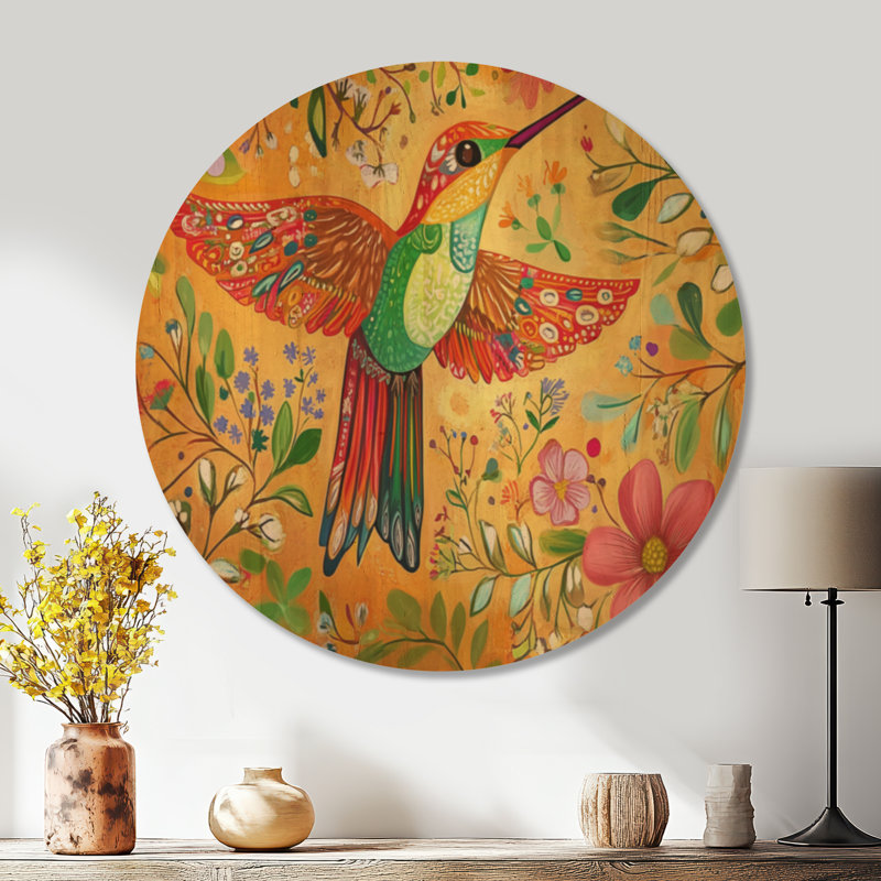 Colibri de floraison mexicaine I - Affiche murale ronde en bois jaune de style bohème, Rond 23 po, Rond