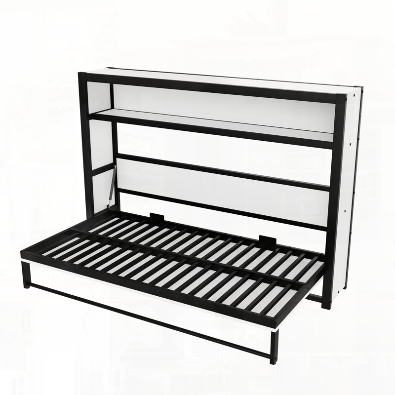 Lit escamotable avec tablettes Murphy, pliable et peu encombrant, Blanc cassé
