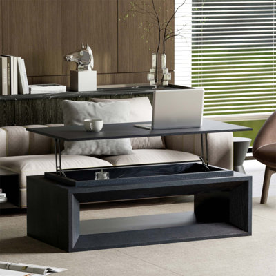 Table basse rectangulaire avec plateau relevable de 43,3 po avec rangement, panneau de fibres à densité moyenne en placage de bois moderne, plateau de table convertible pour salon, bureau à domicile