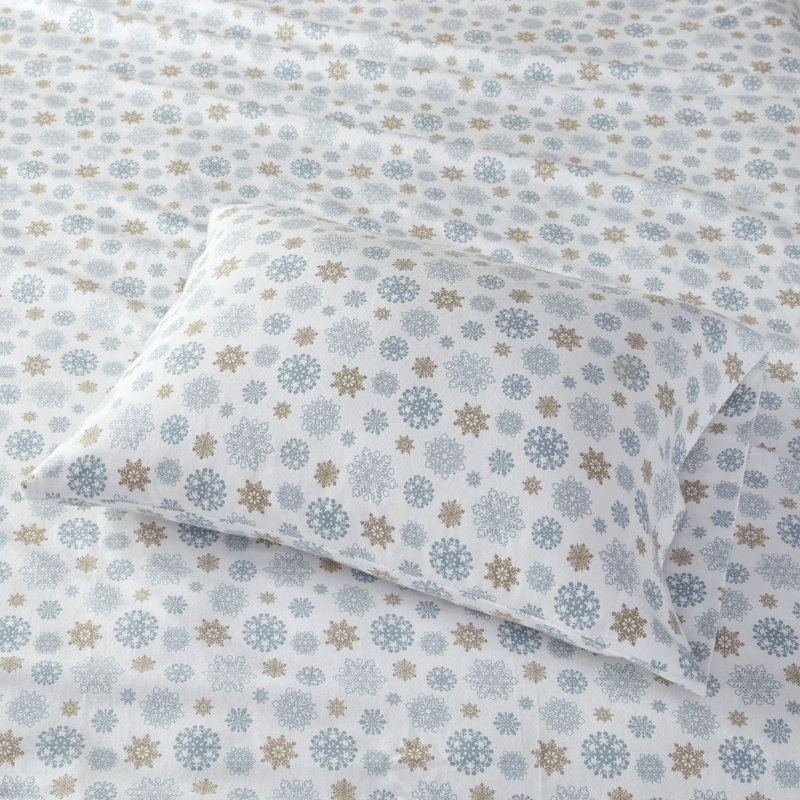 Cozy Flannel 100% Cotton Sheet Set, King Sheet Set with 2 Pillowcases, Tan/Blue Snowflakes