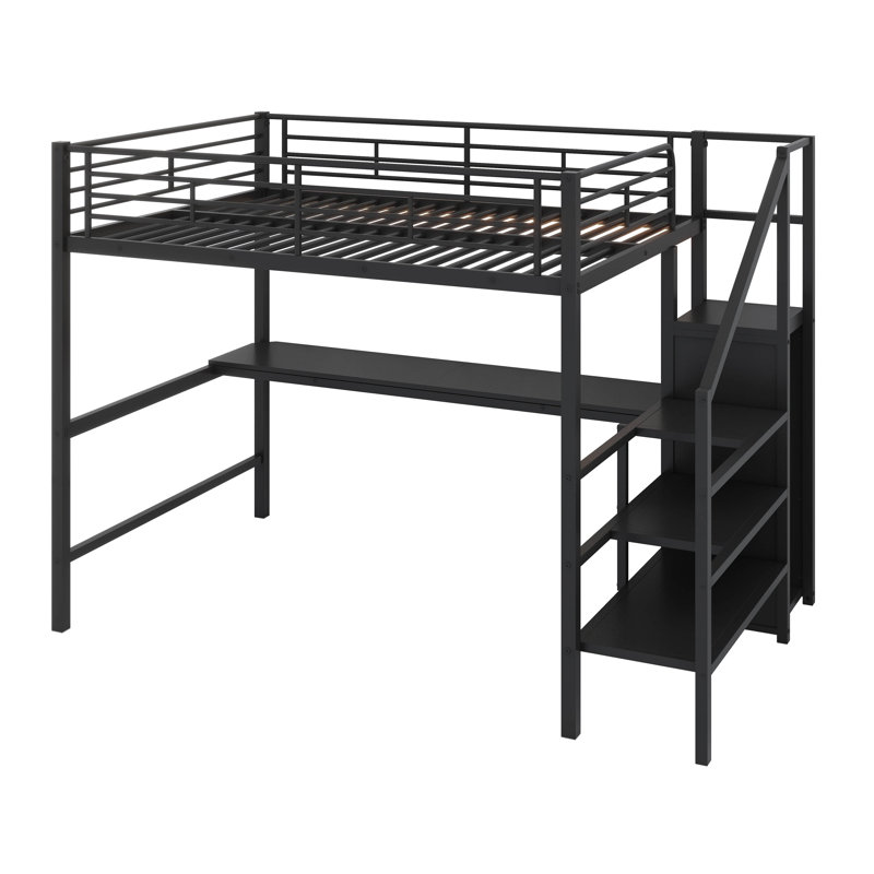 Lit mezzanine double en métal noir avec bureau en L, port USB, DEL, armoire