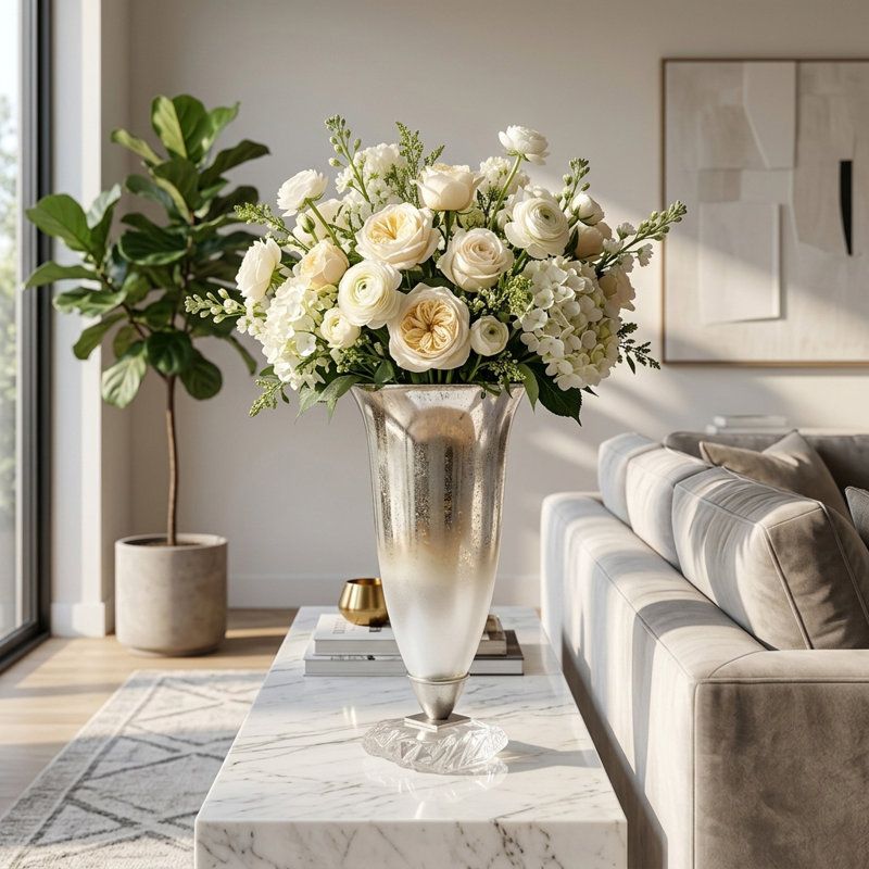 Decorative Glass Table Vase with Acrylic Base for Home Tabletop Decor - Tall Flower Vase Accent for Living Room Styling - Silver & Gold