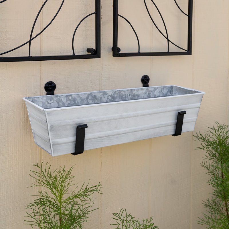 Small White Galvanized Flower Box with Black Brackets