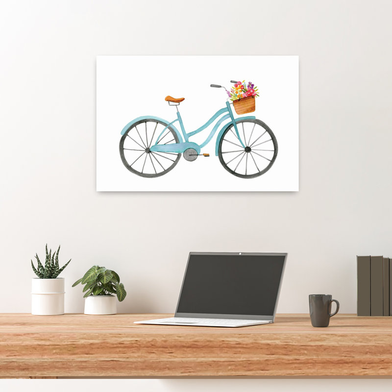 Vélo - bleu, coloré, romantique, nature, printemps, art mural, 16" H x 24" W