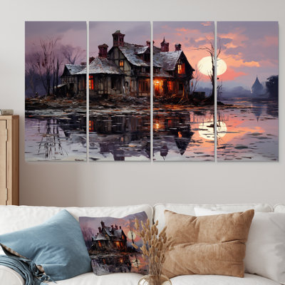 Mysterious Lake House White Sun Setting Pink Dusk - Lake house Wall Art Decor 4 Piece