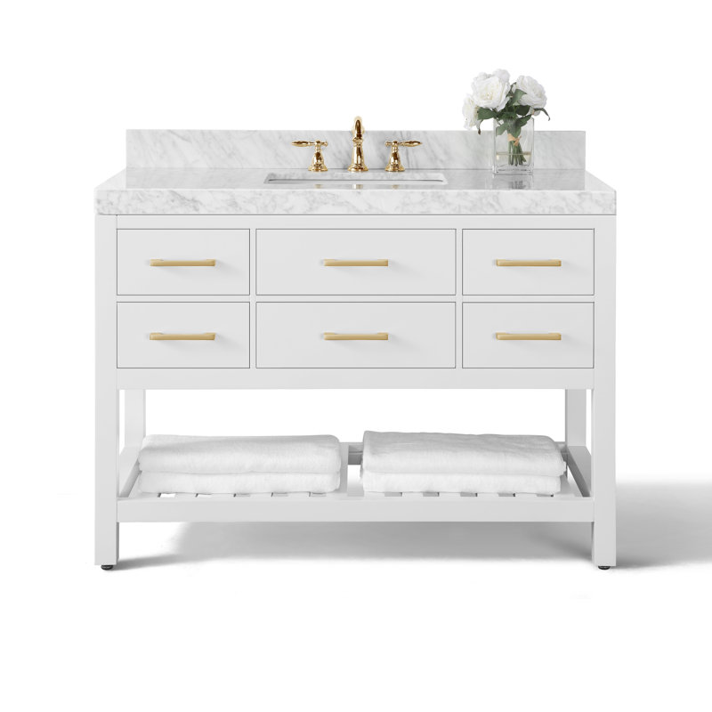 Elizabeth 48'' W Single Vanity, White/Brushed Gold, Carrara White Marble