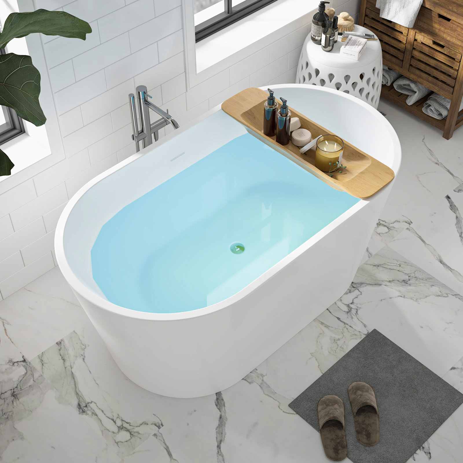 Iris 54" Freestanding Soaking Acrylic Bathtub, White/Integrated Overflow
