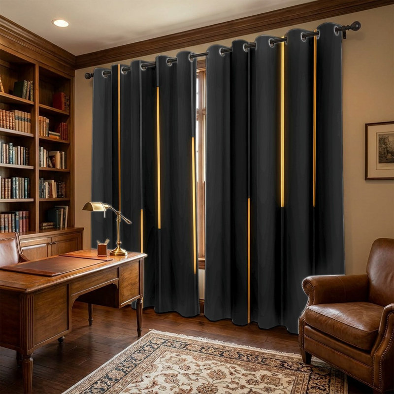2 pièces rideaux à rayures verticales noires et dorées, rideaux de style minimaliste, rideaux à motif géométrique imprimé à œillets, habillage de fenêtre pour le décor de la chambre à coucher