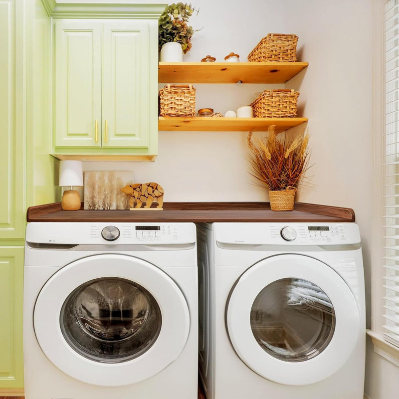Washer Dryer Countertop Solid Wood With Polyester Coating, Laundry Countertop With Edge Rails，Walnut