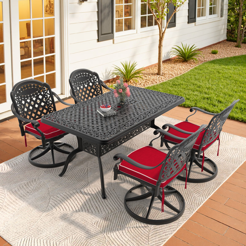 Ensemble de patio d'extérieur en fonte d'aluminium - Chaises de salle à manger pivotantes avec coussins et table rectangulaire