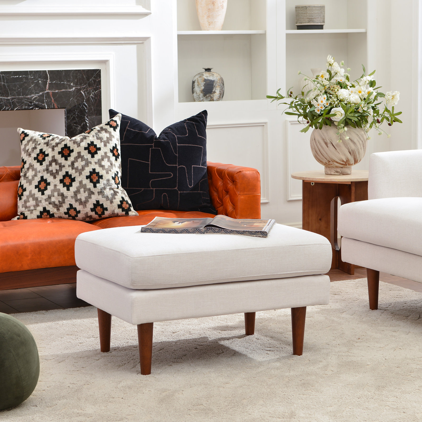 Miller Linen Ottoman, Ivory, 19" H x 32" W x 23" D