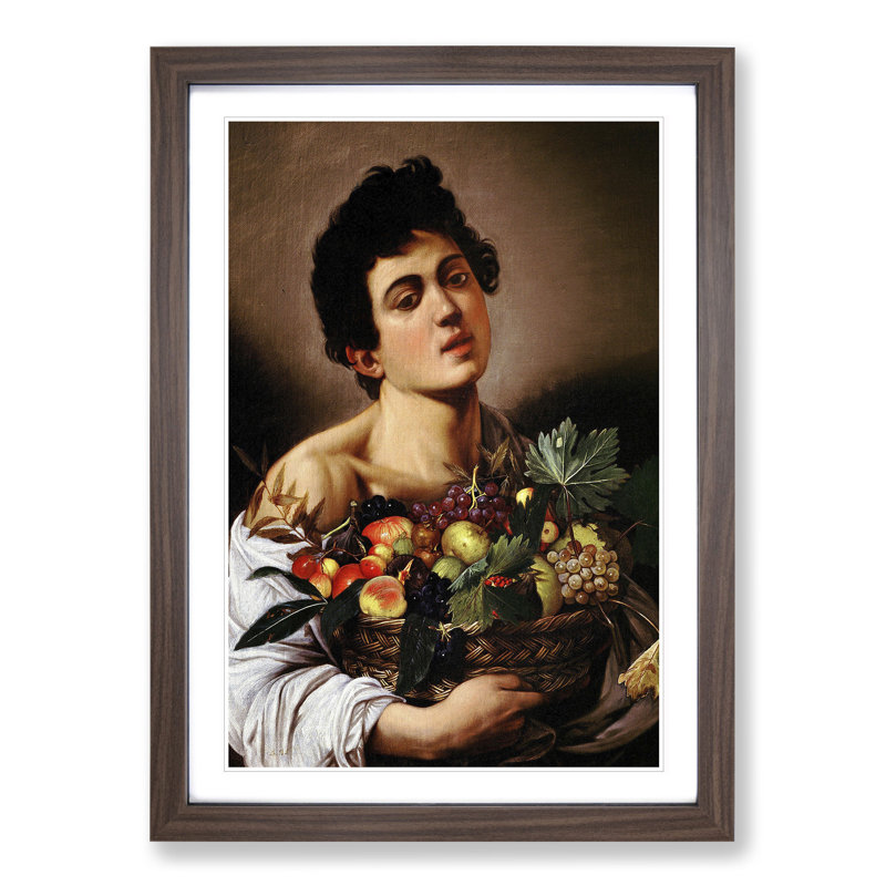 Boy with a Basket of Fruit by Caravaggio - Picture Frame Painting, 65cm H x 48cm W x 2cm D, Walnut