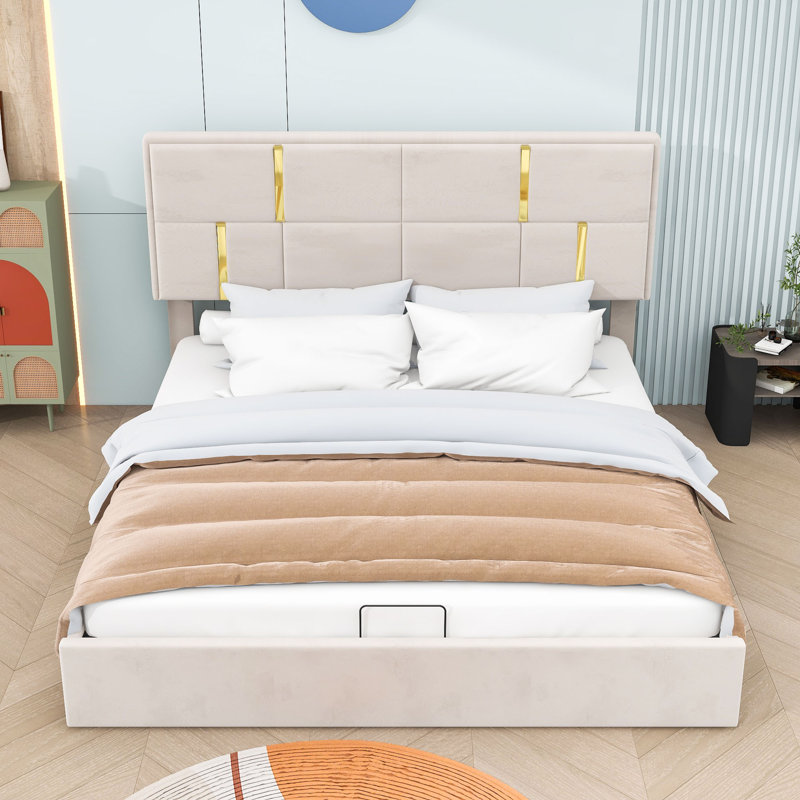 Grand lit plateforme avec rangement Meryem, Beige