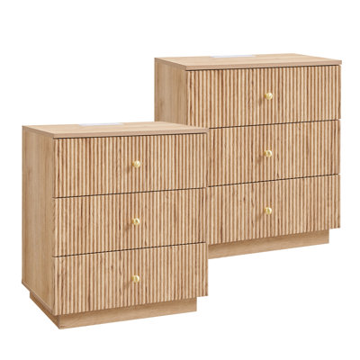 25.98" Tall Modern End Table Set of 2, 21.65" Wide Wood End Table with Charging Station, 3 Storage Drawers w/Fluted Profile Design for Bedroom