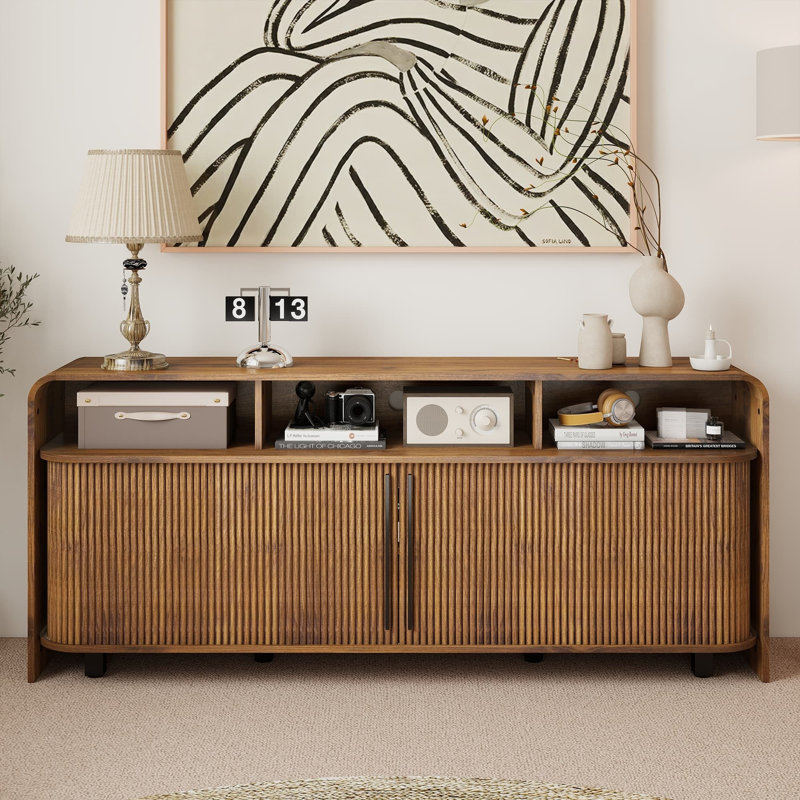 Meuble télé 63 po pour téléviseur de 70 à 70 po de 63 po, meuble télé Mid-Century moderne avec rangement, tablettes réglables et portes coulissantes