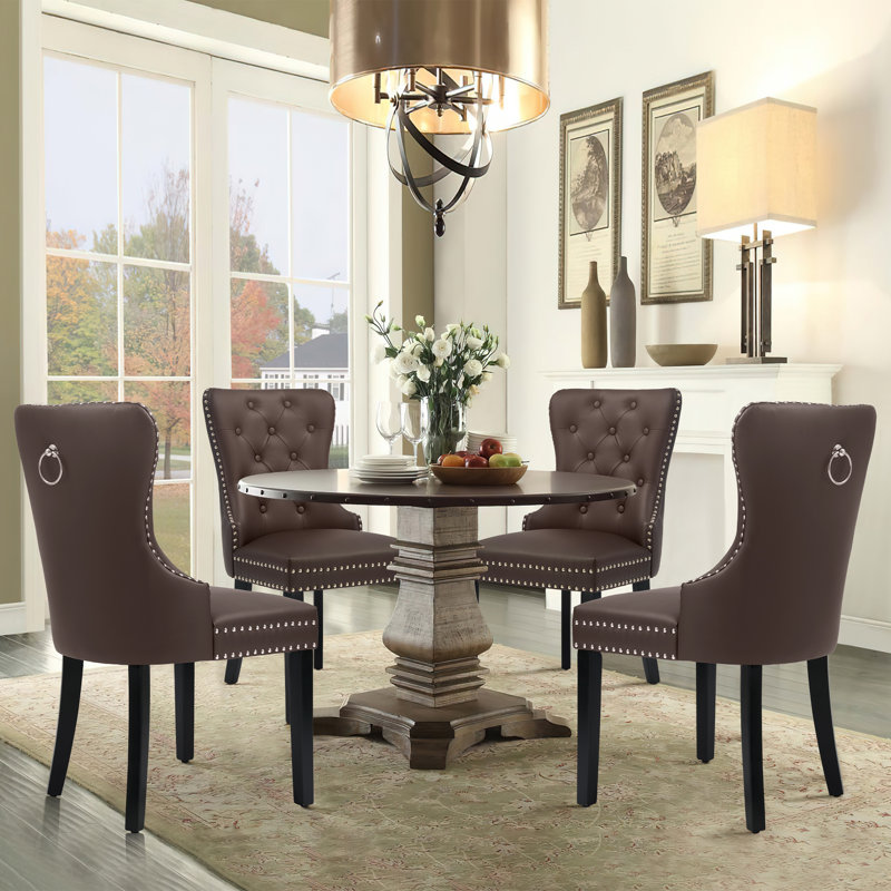Brown Faux Leather Upholstered Side Chair with Wood Legs, Set of 2
